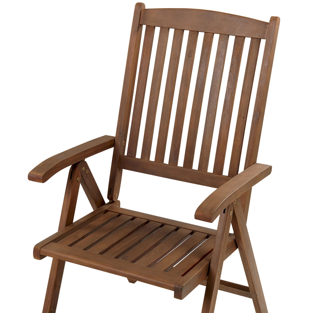 Set di 6 sedie da giardino in legno di acacia scuro naturale regolabili e pieghevoli per esterni con braccioli in stile rustico con cuscini grigi