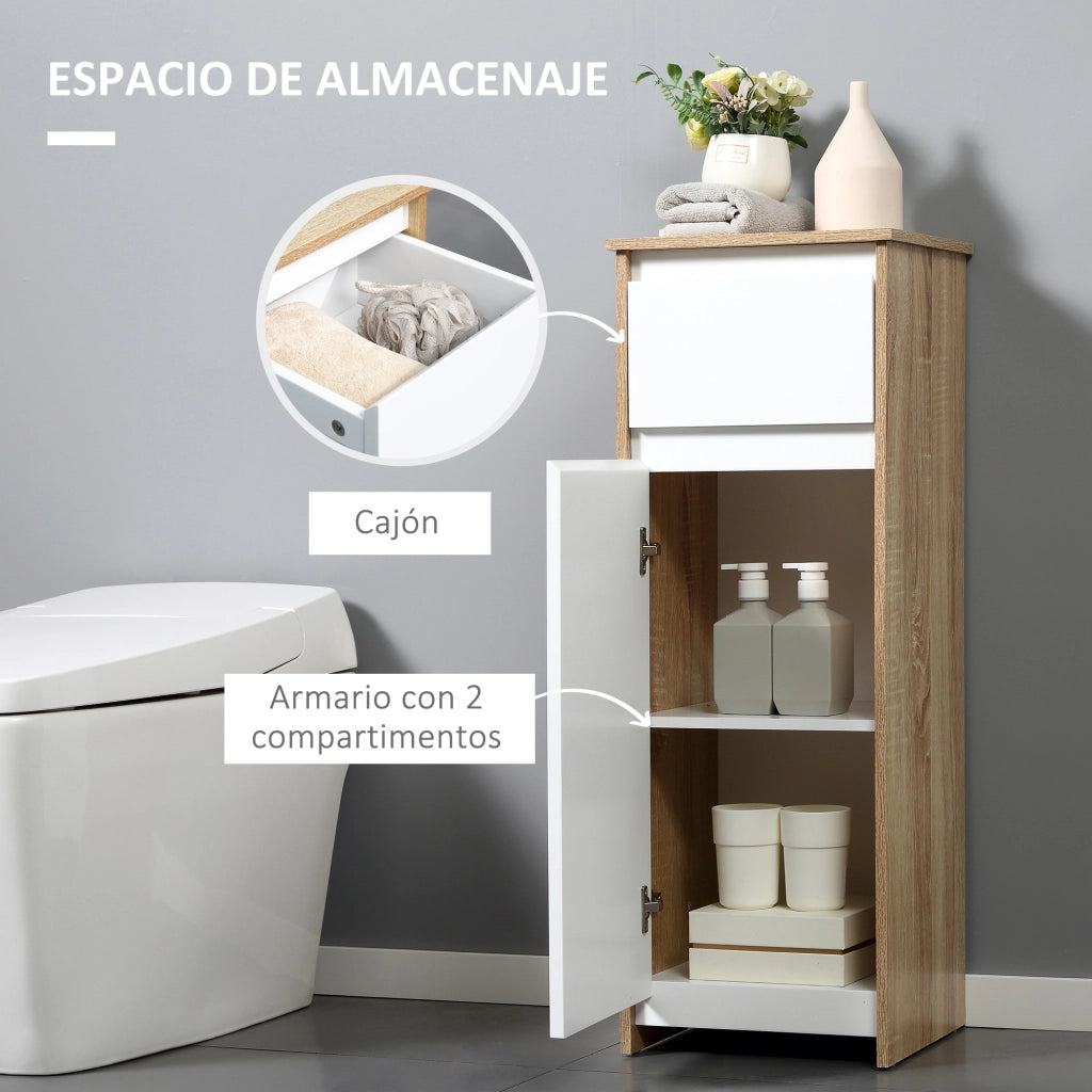 Armadietto Bagno con Cassetto e Anta ¨C Zephmum ¨C 32.6x30x90 cm Bianco e Naturale
