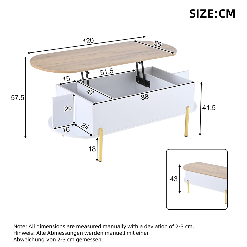 Tavolino da caff¨¨ sollevabile 120 x 50 x 43 cm con vano contenitore nascosto, MDF bianco e piano effetto legno naturale