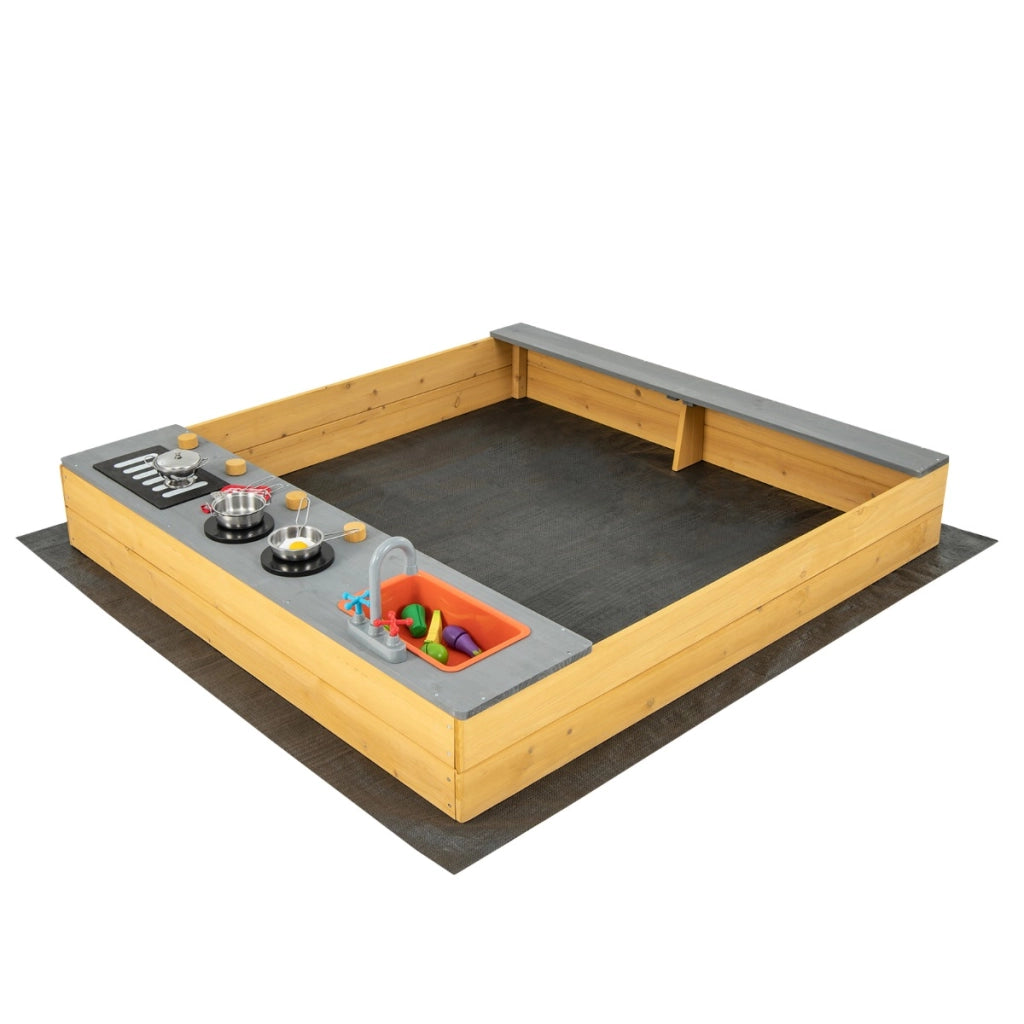 Sabbiera in legno con accessori da cucina e panca, Area giochi per bambini con rivestimento inferiore per cortile