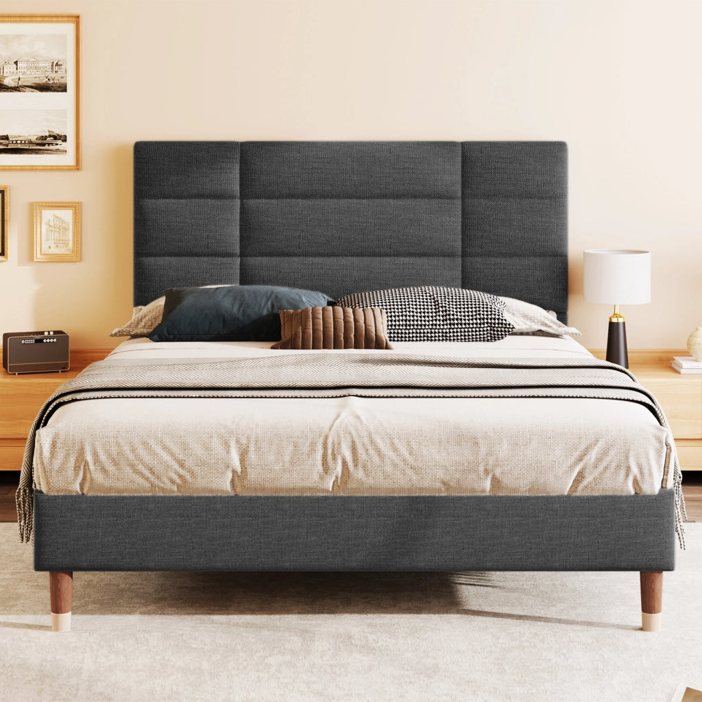 Letto matrimoniale imbottito di 140x200 cm in struttura a listelle di lino grigio scuro con testiera per adulti e adolescenti senza materasso