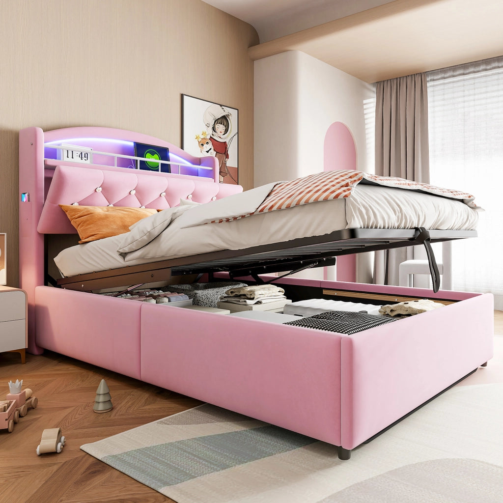 Letto bambino imbottito singolo 90×200 cm con contenitore; LED; USB e Type-C; senza materasso; velluto; rosa