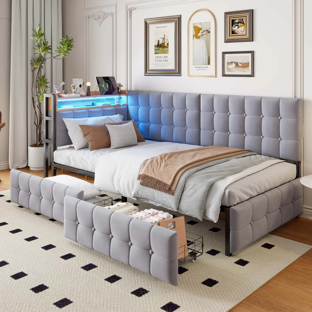 Divano letto imbottito 90x200 cm grigio con LED; 2 cassetti; USB e Type-C