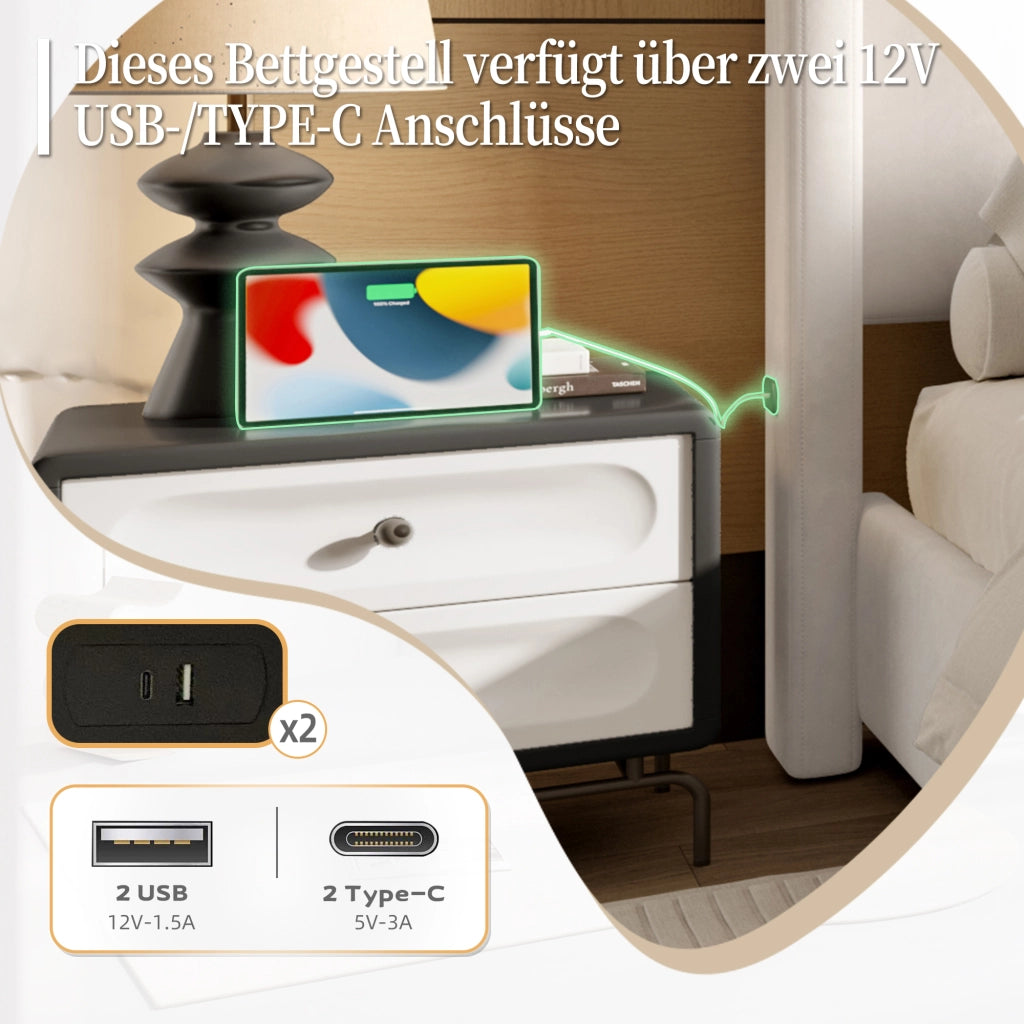 Letto Matrimoniale 140 x 200 cm; USB e Type-C; Testiera Alta e Pediera Alta; in Velluto Beige