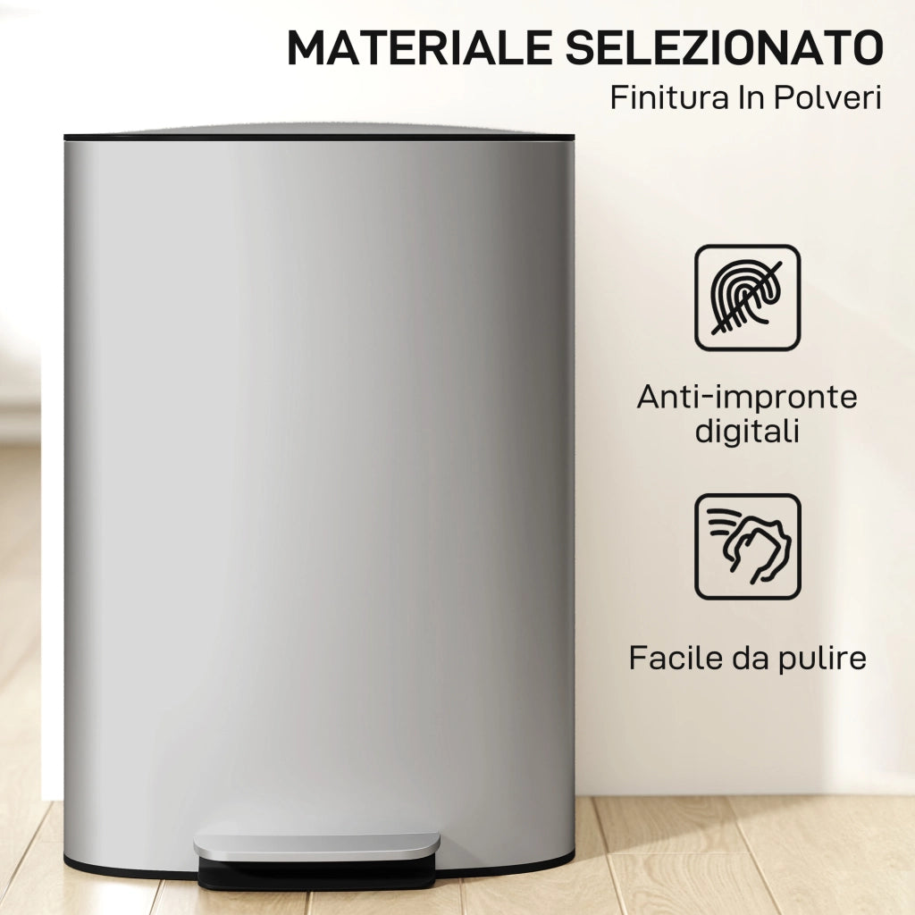 Pattumiera a Pedale da 50L con Coperchio Ammortizzato. Apertura a 90¡ã e Secchio Rimovibile. Acciaio Inox. Grigio