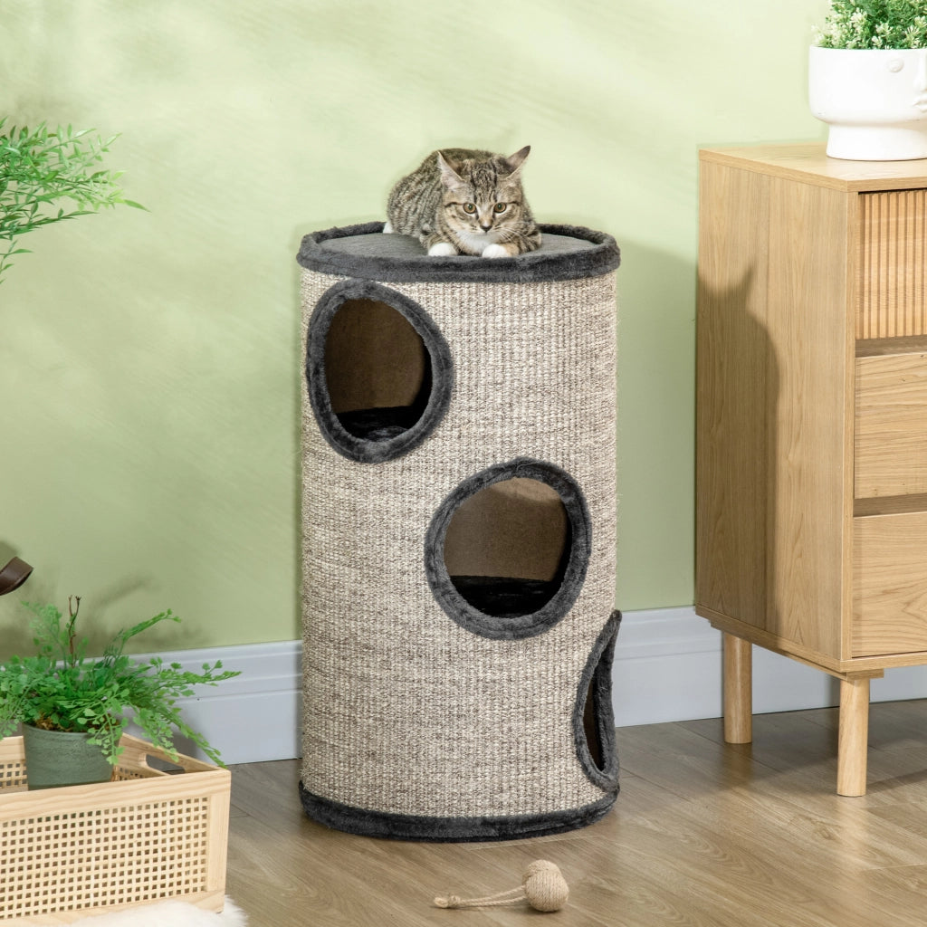 Casetta per Gatti a 3 Livelli con Tiragraffi in Sisal ¨C Zephmum ¨C Grigio, ?38x70cm