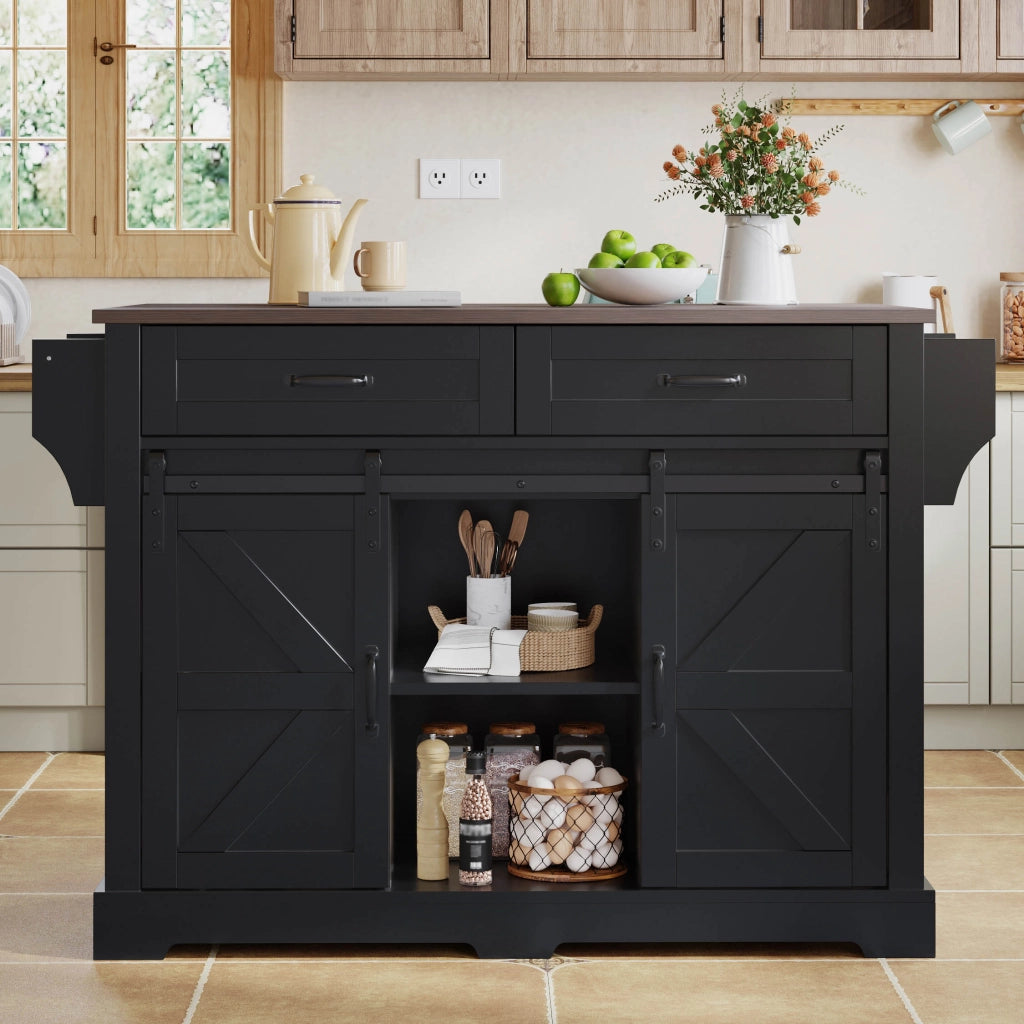 Isola cucina pieghevole - Zephmum- 120¡Á45(70)¡Á91 cm, nero, stile fienile con ante scorrevoli e cassetti