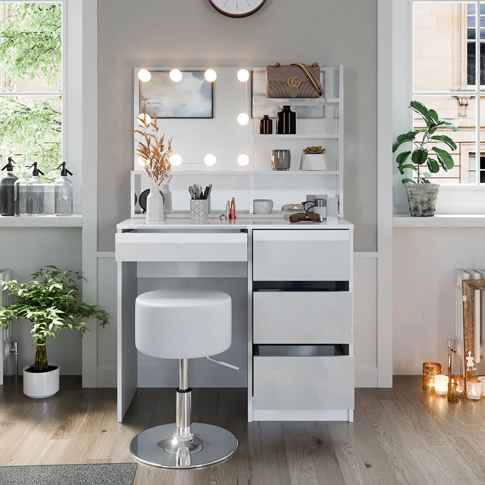 Vicco Tavolo da toeletta Bianco 90 cm con illuminazione a LED, sgabello e ripiano a specchio