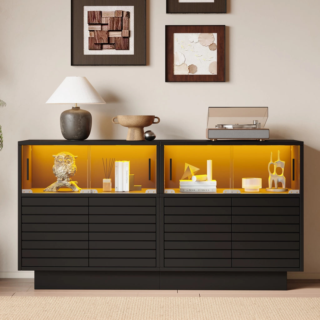 Credenza moderna con LED - Zephmum- 130x35x68cm- 2 ante, 4 ripiani, porte in vetro