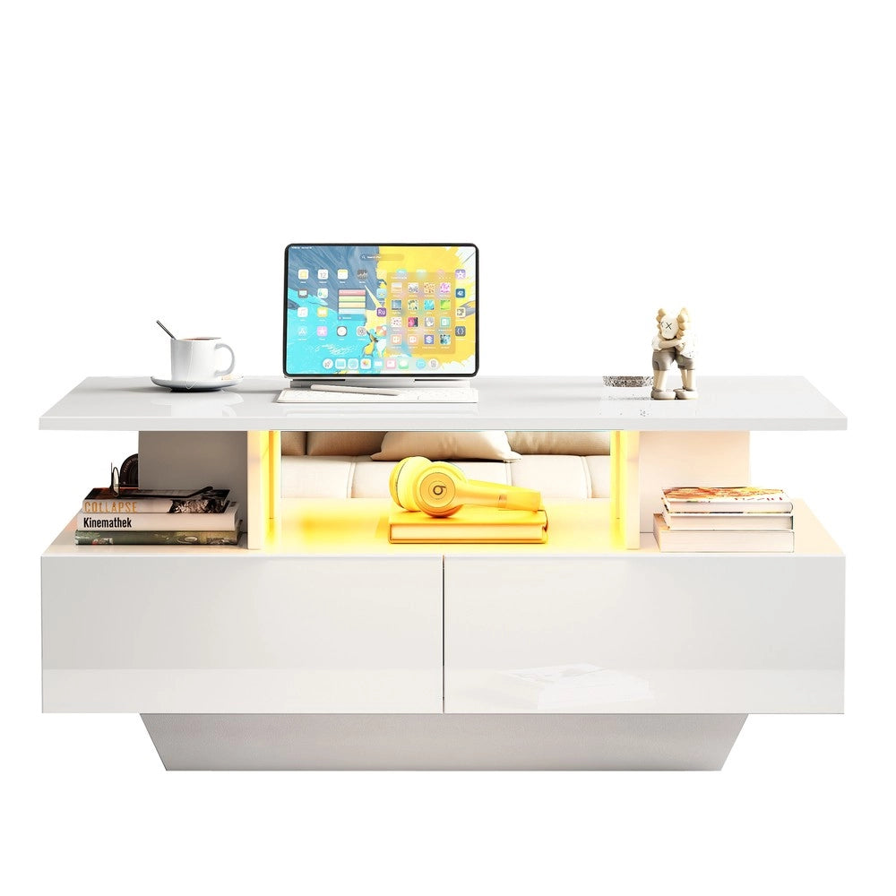 Tavolino da Caff¨¨ con LED e 2 Cassetti ¨C Xylo ¨C Bianco Lucido 90x55x41 cm