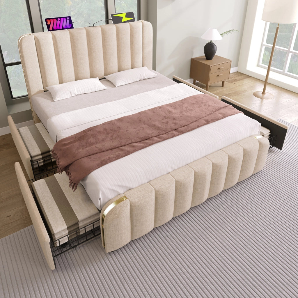 Letto contenitore matrimoniale 160×200 cm con 4 cassetti; USB Type-C e testiera imbottita; materasso incluso; beige