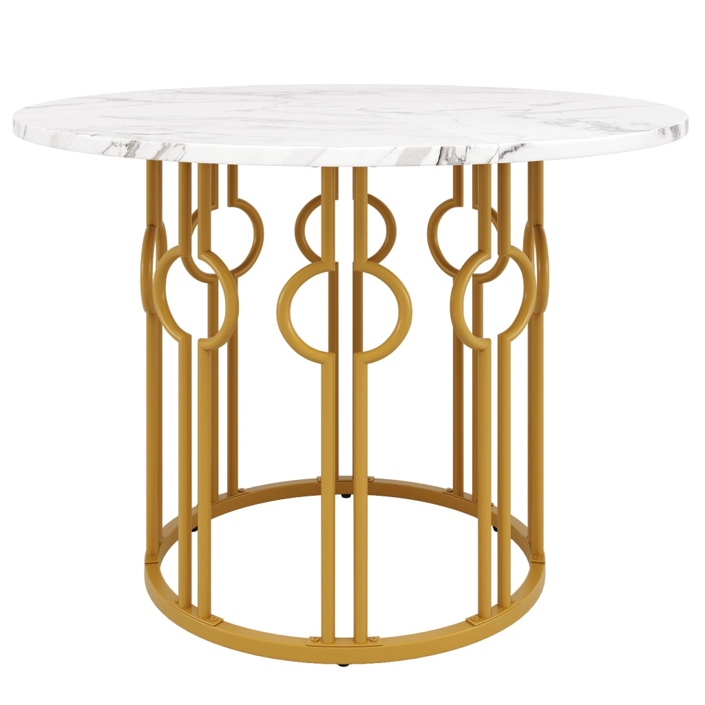 Tavolo da pranzo rotondo 100x100x76 cm in MDF e metallo, colore oro e bianco