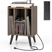 Supporto per Giradischi, Porta Vinili con 4 Ripiani Aperti, Presa di Corrente e Porta USB, con Mensole Espositive, per Soggiorno, Camera da Letto e Ufficio, 43 x 34,5 x 67,5 cm (Grigio)