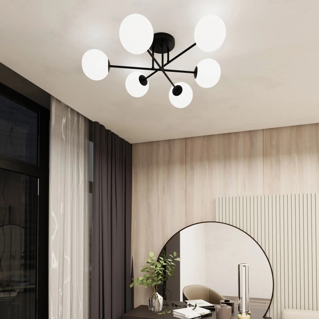 Plafoniera Moderna Morrigan 6 Luci In Acciao Nero E Sfere In Vetro Bianco