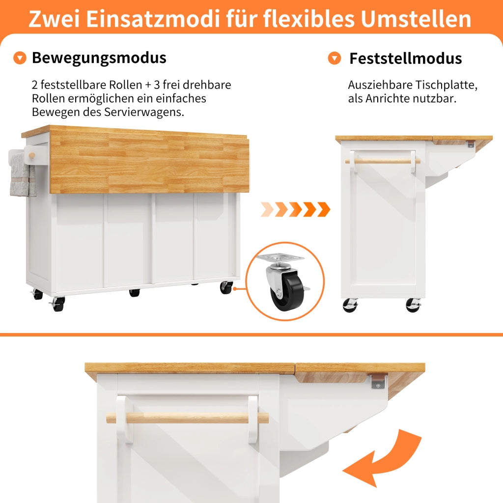 Carrello da cucina con cassetto; ripiani regolabili e 5 ruote con freno per cucina e soggiorno; bianco