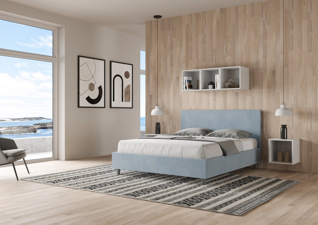 BS COM Letto queen size senza rete imbottito 150x190 microfibra azzurro