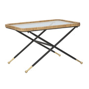 Tavolino da caffè Saint Barth rettangolare con vetro, ferro e rattan — 70x50x45 cm