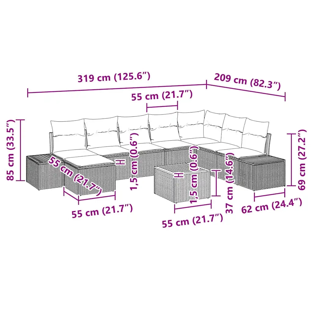 Set Divano da Giardino con cuscino 9 pcs Beige polyrattan 3347994