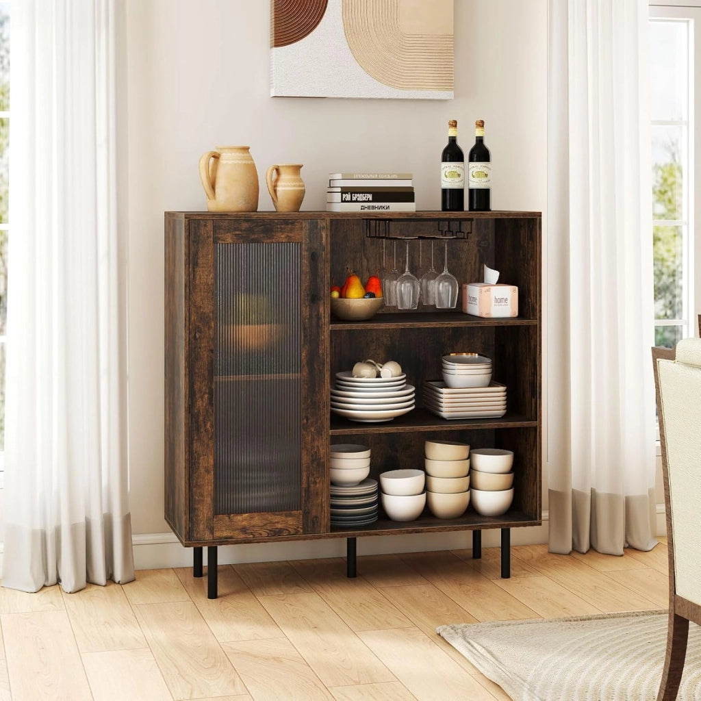 Credenza da Cucina, Armadietto Salvaspazio in Legno con Porta, Ripiano Regolabile e Portabicchieri da Vino, Mobile a Buffet per Soggiorno, Sala da Pranzo e Ingresso, 95 x 35 x 98 cm