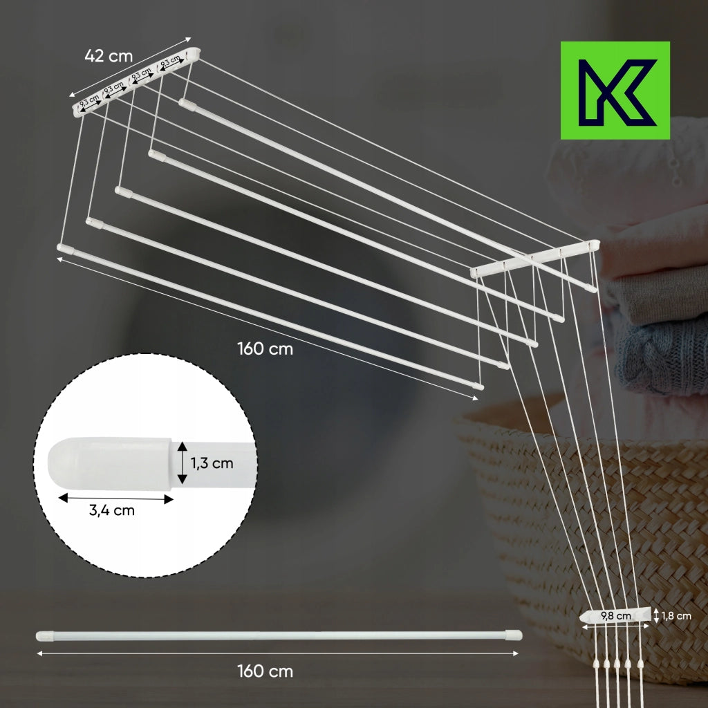 Stendibiancheria da soffitto KADAX per bagno, 5 barre, 160 cm, resistente e robusto.