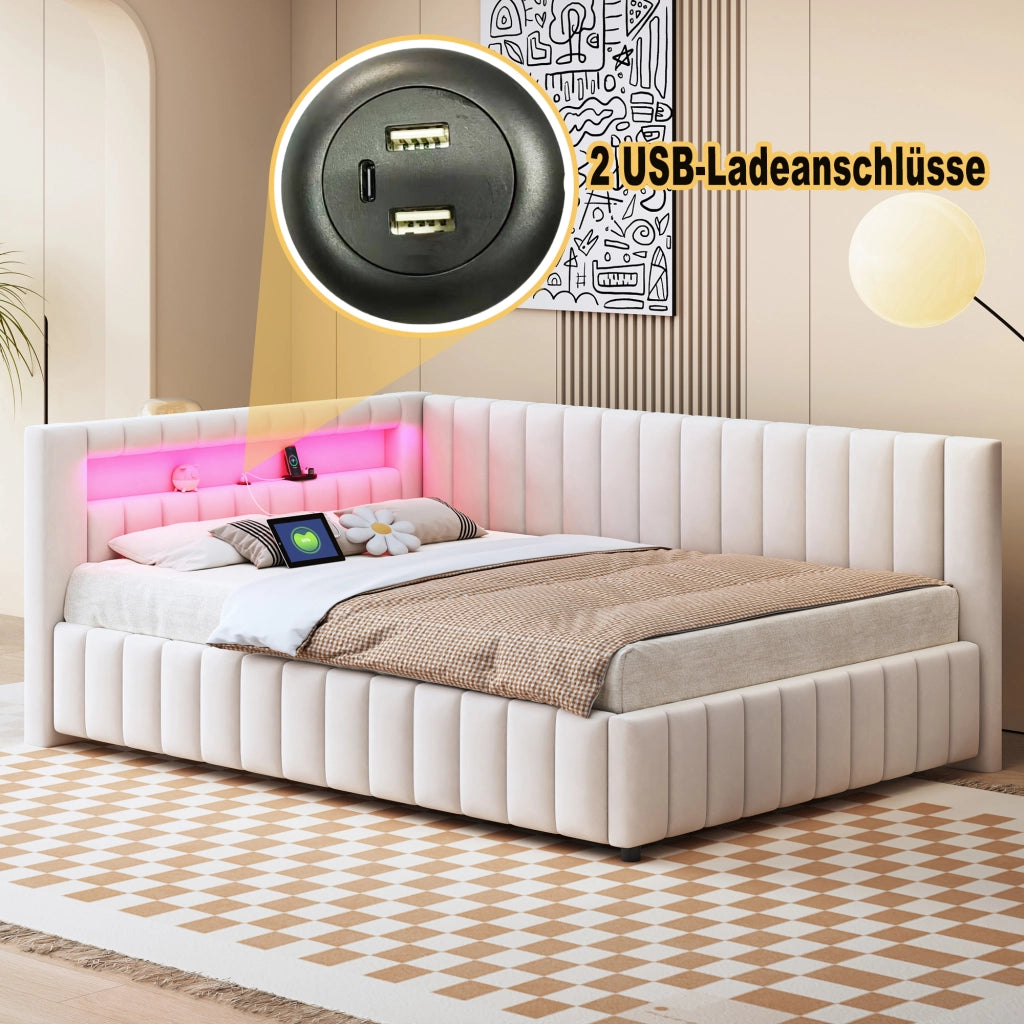 LETTO imbottito L 140x200 cm in velluto beige con LED e USB