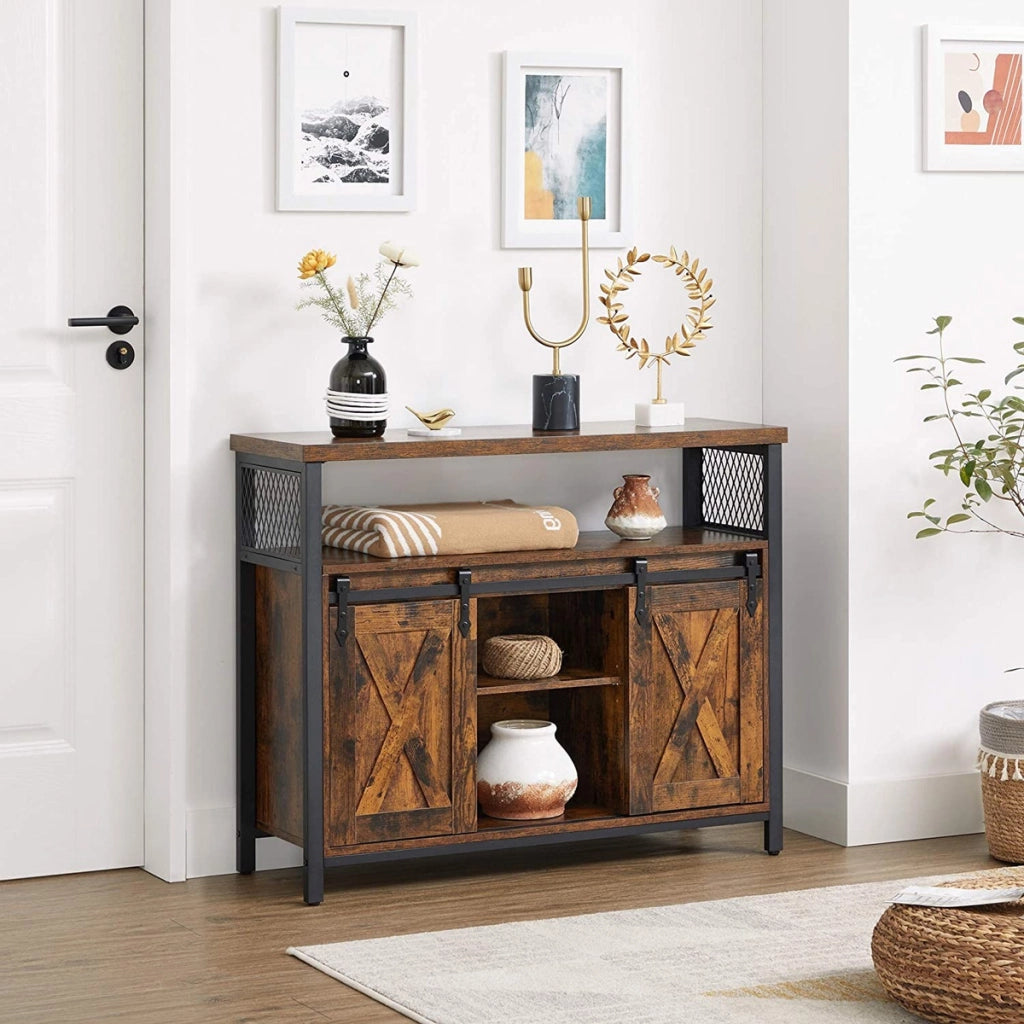 Credenza Industriale Rustica con Ante Scorrevoli in Legno e Metallo