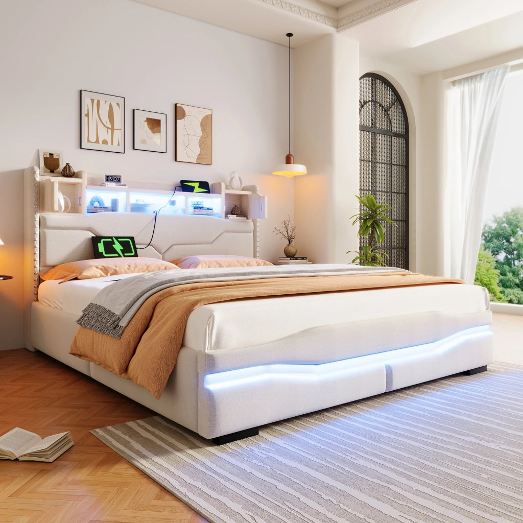 DESMIU Letto matrimoniale 160 × 200 cm con contenitore idraulico, LED, USB e Type-C, senza materasso, beige