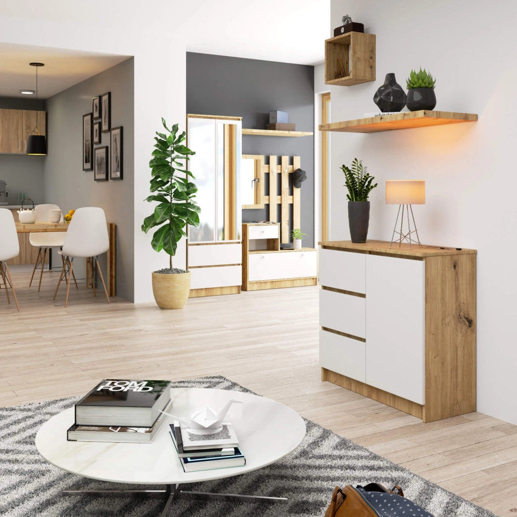 Cassettiera AKORD JERRY Cassettiera Quercia Artisan 80 cm 1 anta 3 cassetti inserto frontale Bianco 80x35x77 cm