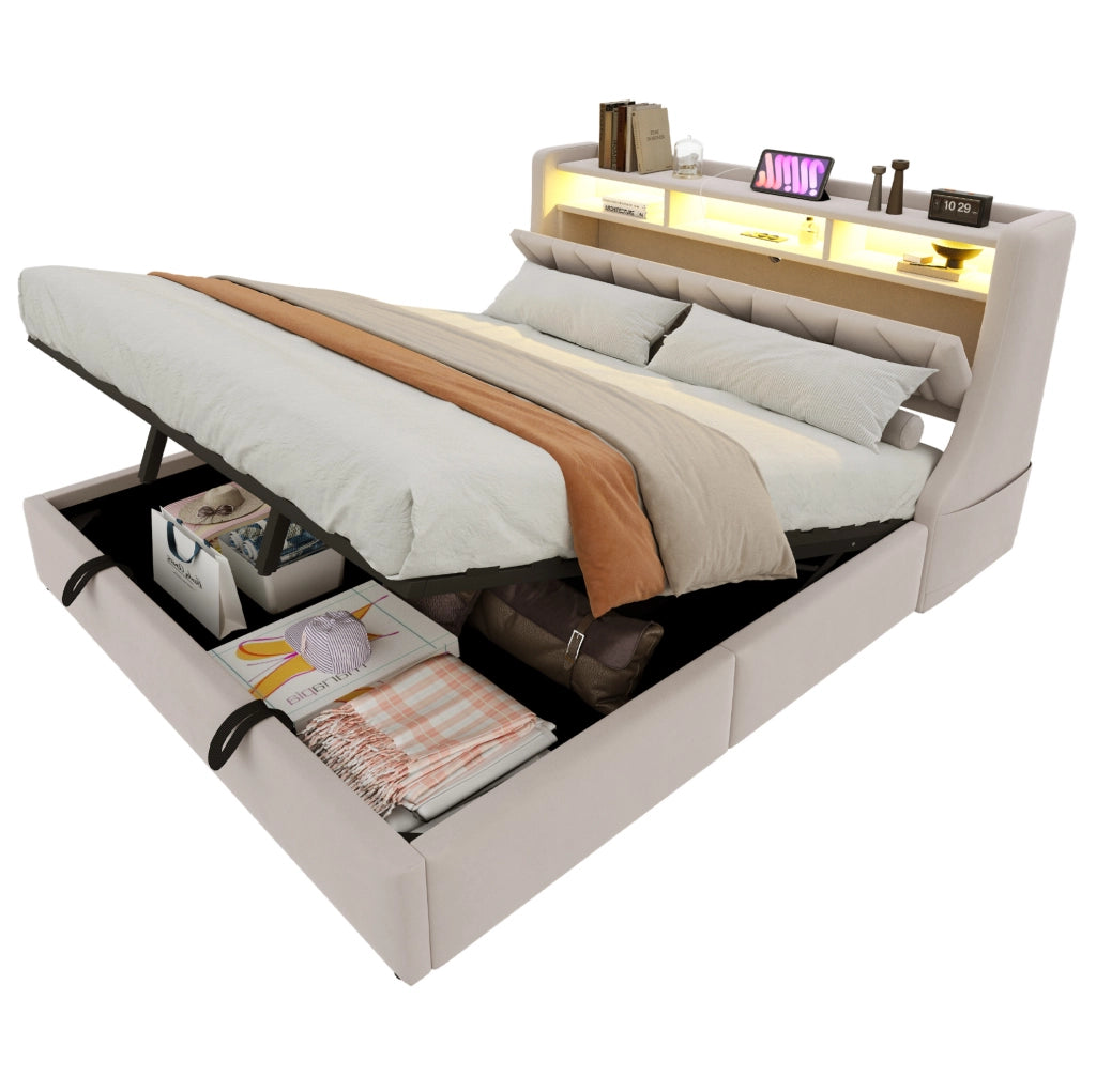 Letto matrimoniale 180x200 cm in velluto beige con contenitore; LED e testiera con prese USB/C