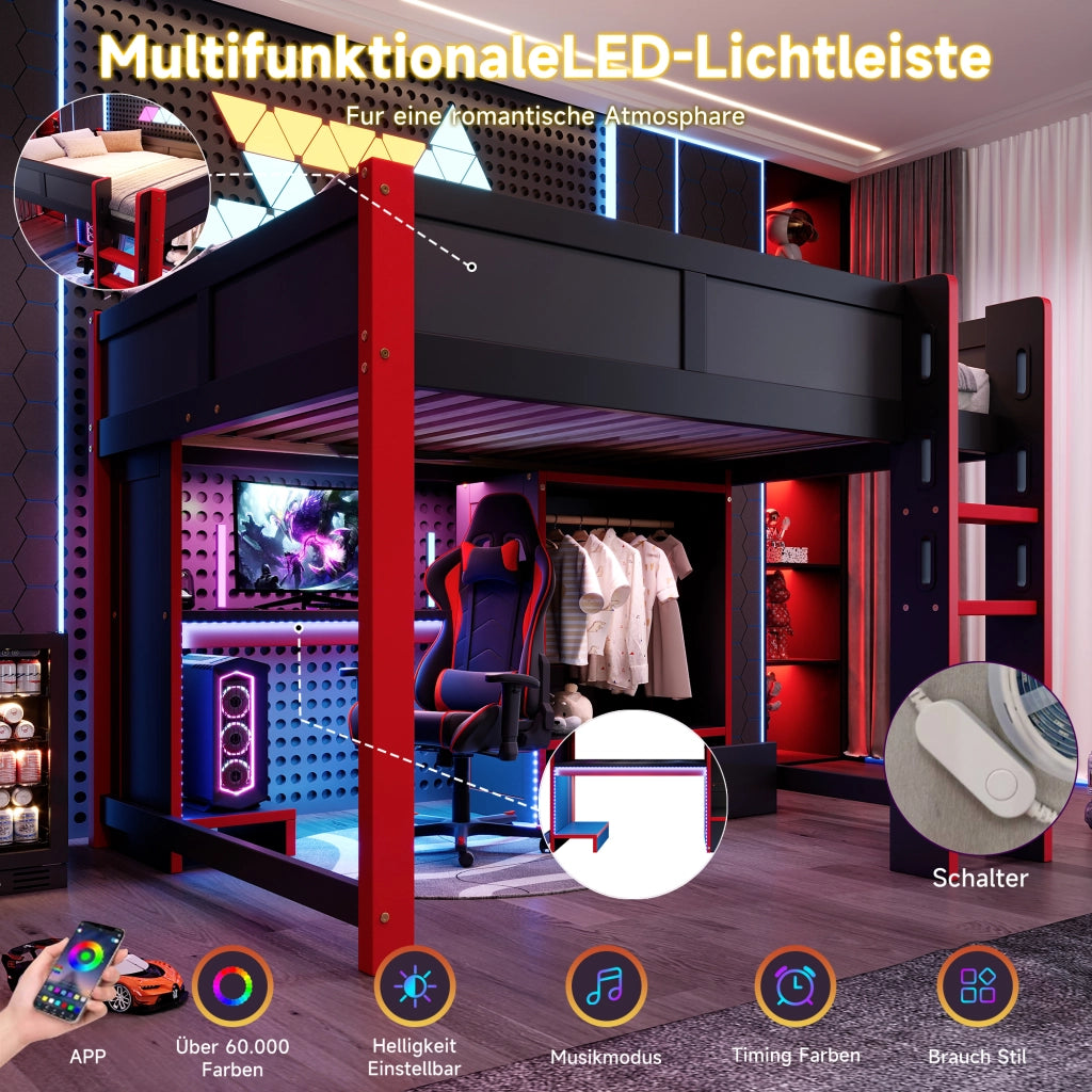 DESMIU Lit mezzanine 140 × 200 cm 1 posto con scrivania, armadio, LED, senza materasso, in legno, nero e rosso
