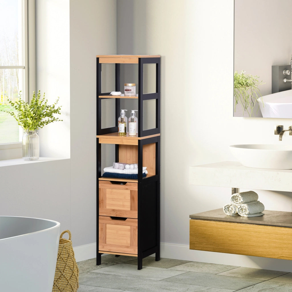 Armadio Bagno Alto con Ripiani e Cassetti ¨C Minimal ¨C 30x30x144 cm Nero e Naturale
