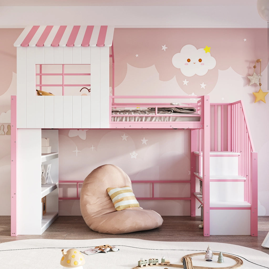 DESMIU Litto mezzanino bambino 90 × 200 cm 1 posto con scala contenitore e scaffali, senza materasso, in metallo, rosa