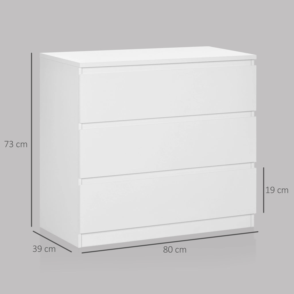 Cassettiera 3 Cassetti Moderna senza Maniglie per Camera e Soggiorno 80x39x73 cm Laccato Bianco