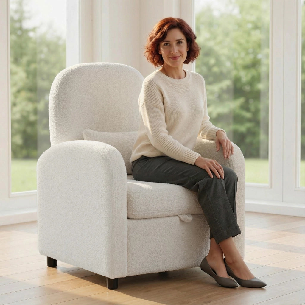 Poltrona Moderna con Cuscino e Spazio Contenitore ¨C Zephmum ¨C Rivestimento in Pile Teddy Crema 76x77x95 cm