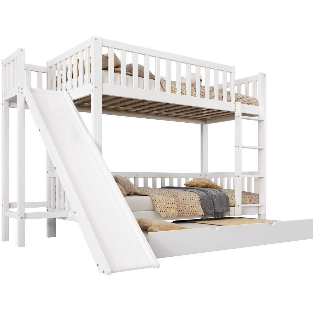Letto a castello con letto estraibile, scivolo e scaffali
