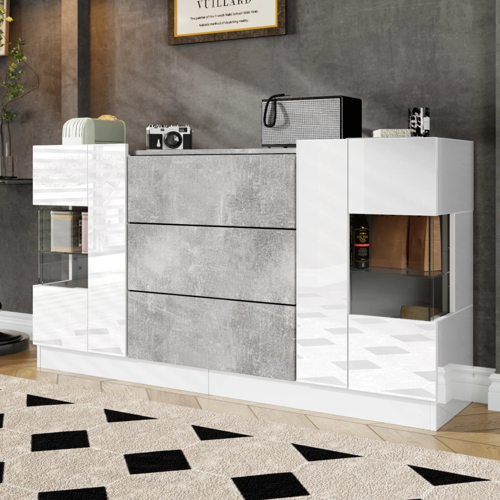 OKWISH Credenza con 2 Ante e 3 Cassetti, LED, per Soggiorno o Sala da Pranzo, MDF e Vetro, Bianco Marmo, 140×35×75 cm