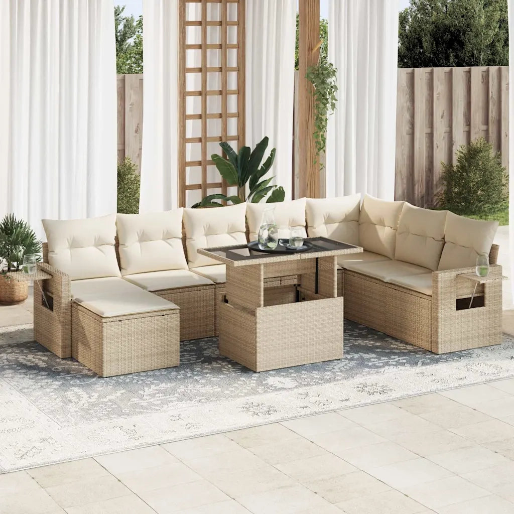 Set Divano da Giardino 9 pz con Cuscini Beige in Polyrattan 3326529