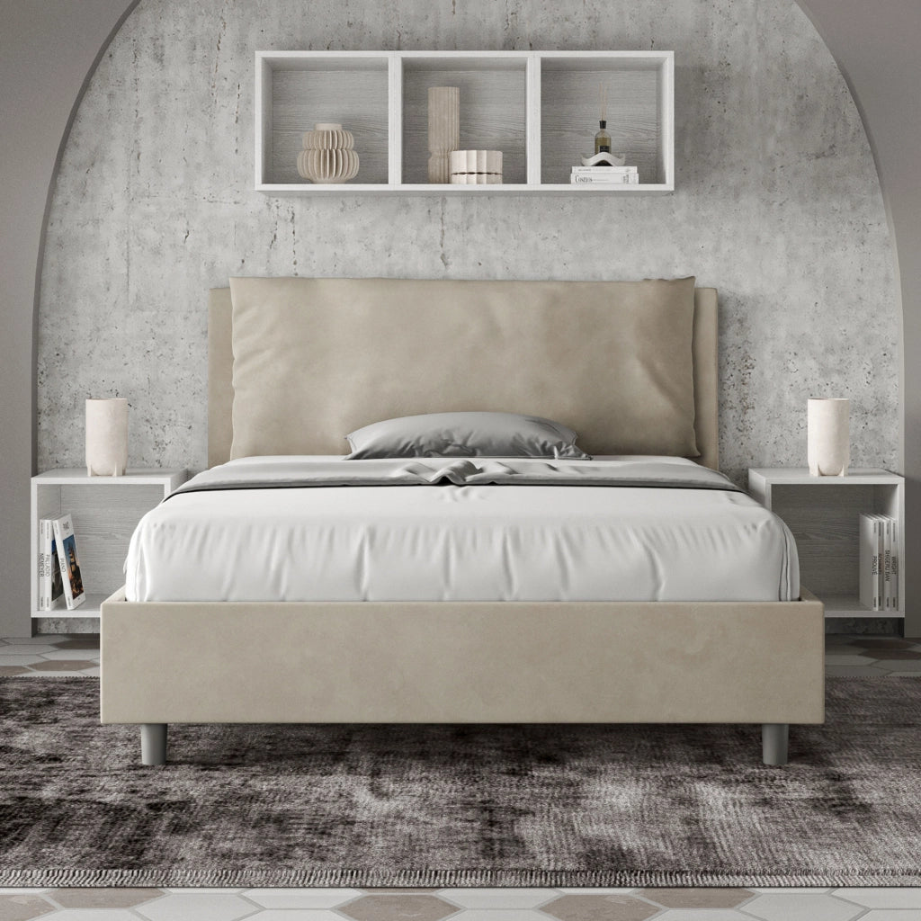 BS COM Letto matrimoniale francese con rete imbottito 140x210 microfibra sabbia Large