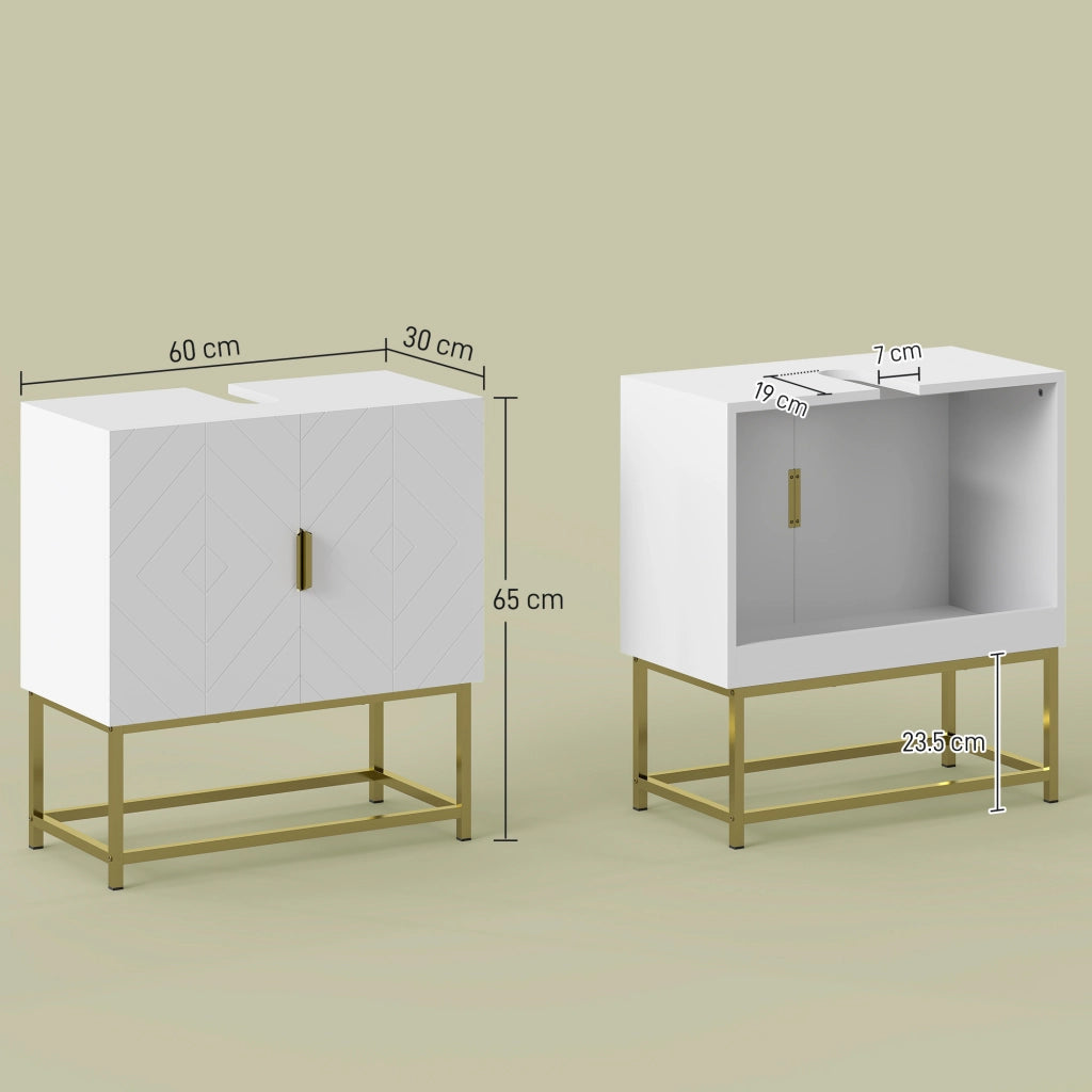 Mobile Sottolavabo Bagno con Armadietto 2 Ante ¨C Zephmum ¨C Legno e Acciaio, Bianco e Oro, 60x30x65cm