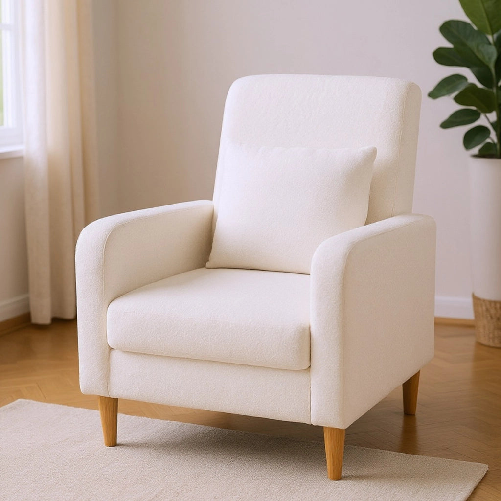 Poltrona accent con cuscino lombare e rivestimento in pile teddy, Singola poltrona laterale per lettura per soggiorno Bianco