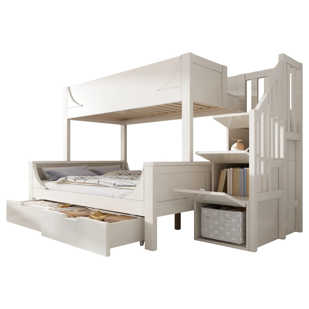 Letto a castello per bambini bianco con scala contenitore, cassetti e rete a doghe, 90x200/140x200 cm