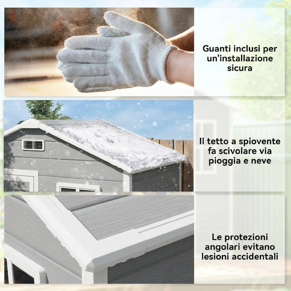 Capanno da Giardino 182x121x200 cm Box con Pavimento Finestra Porta con Serratura e Prese d'Aria in Plastica Grigio