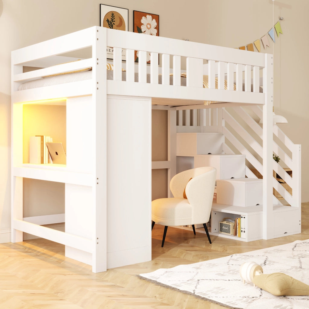 DESMIU Letto a soppalco 140 × 200 cm 2 posti con scala, scrivania, armadio, LED e panca contenitore, senza materasso