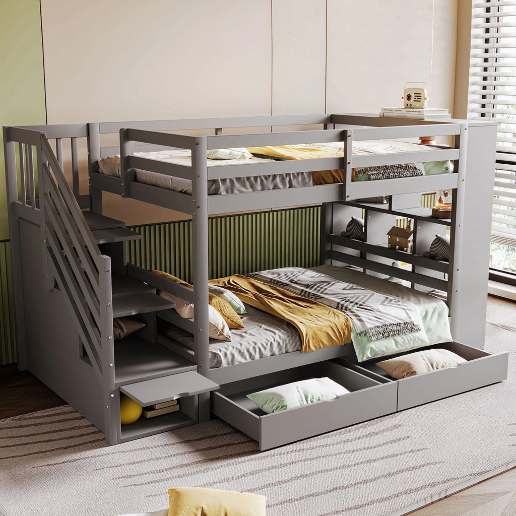 Letto a castello 90x200 cm con scala contenitore e cassetti, grigio