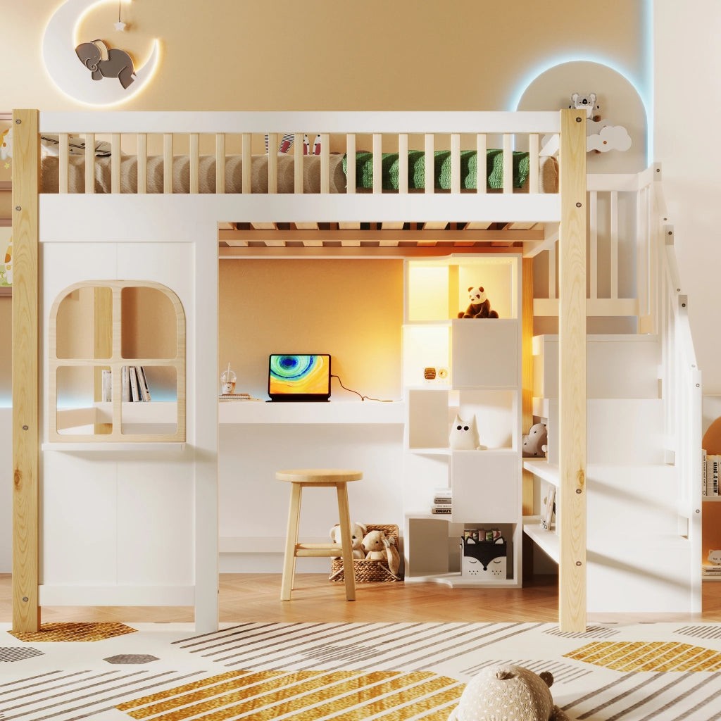Letto a soppalco matrimoniale 140×200 cm con LED; scrivania; ripiani e scala contenitore; senza materasso; bianco naturale