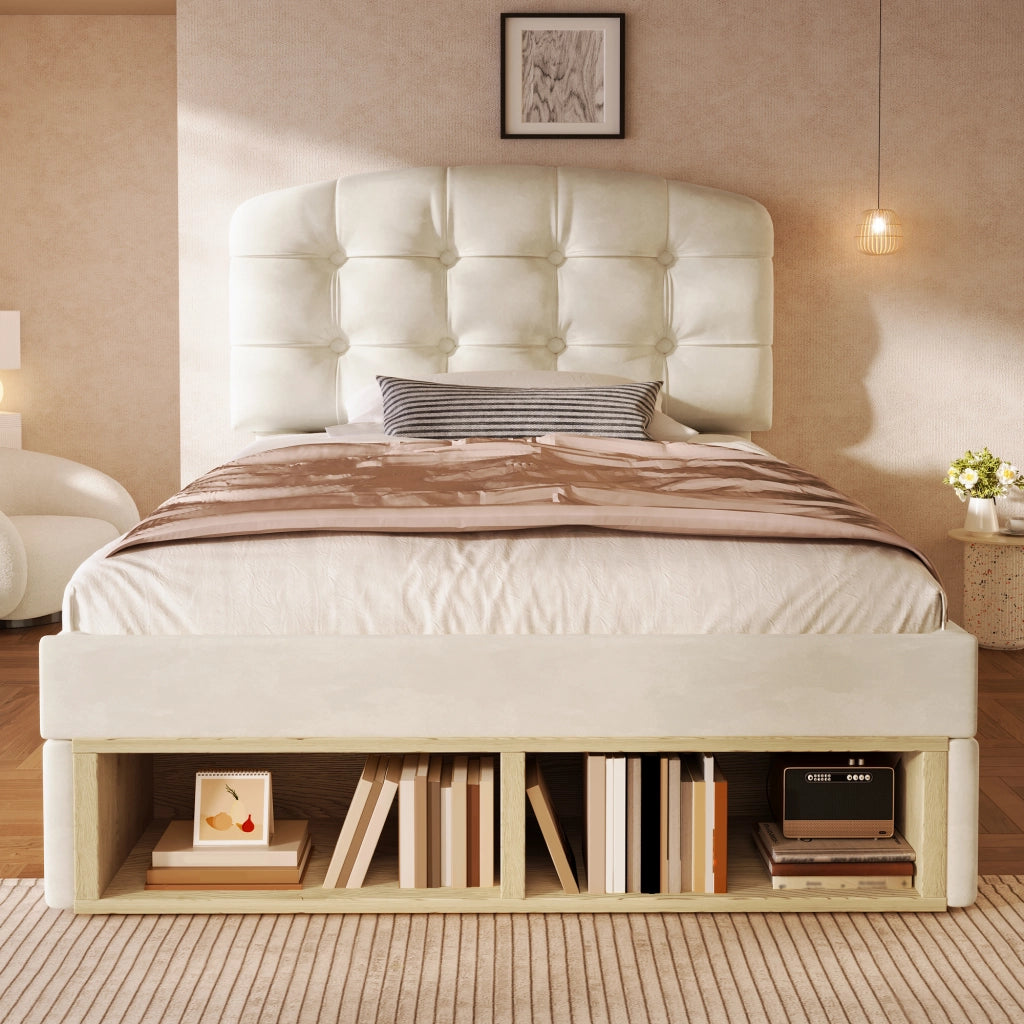 Letto Singolo Imbottito con Cassetti ¨C MINIMAL ¨C Velluto Beige, Testiera Regolabile, 90x200