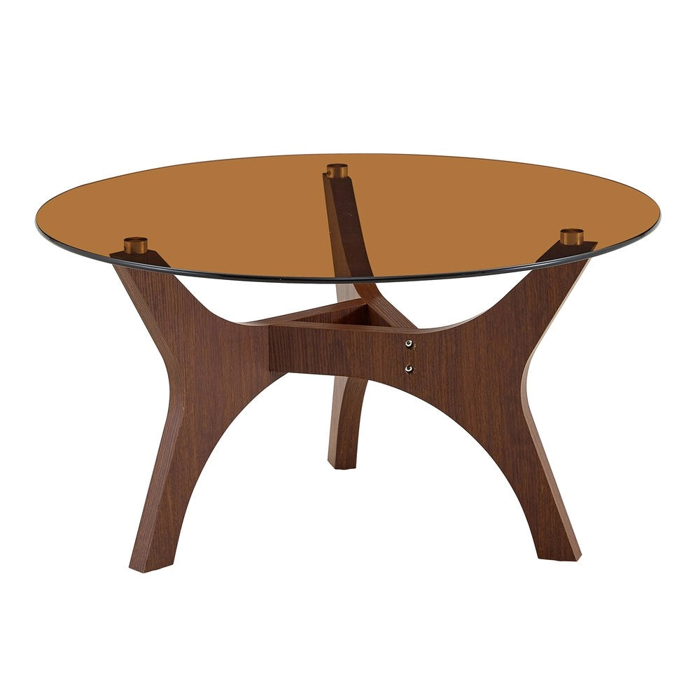 Tavolino da Caff¨¨ Rotondo ¨C MINIMAL ¨C Piano in Vetro Ambra, Struttura in Legno Marrone, 80cm