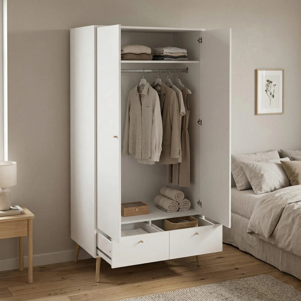 Guardaroba 2 ante Kahina, Mobile camera da letto, Cabina armadio portabiti, Armadio appendiabiti, 99x58 h200 cm, Bianco