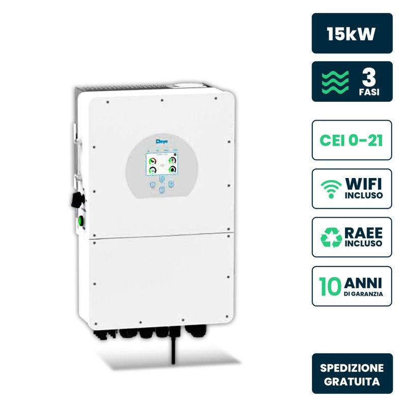 V-TAC Inverter Fotovoltaico Deye Trifase Ibrido ALTA TENSIONE On-Grid/Off-Grid 15kW CEI 0-21, Schermo LCD Touch a Colori, Smart Meter Integrato, WiFi e TA, Garanzia 10 Anni IP65 SKU-12169