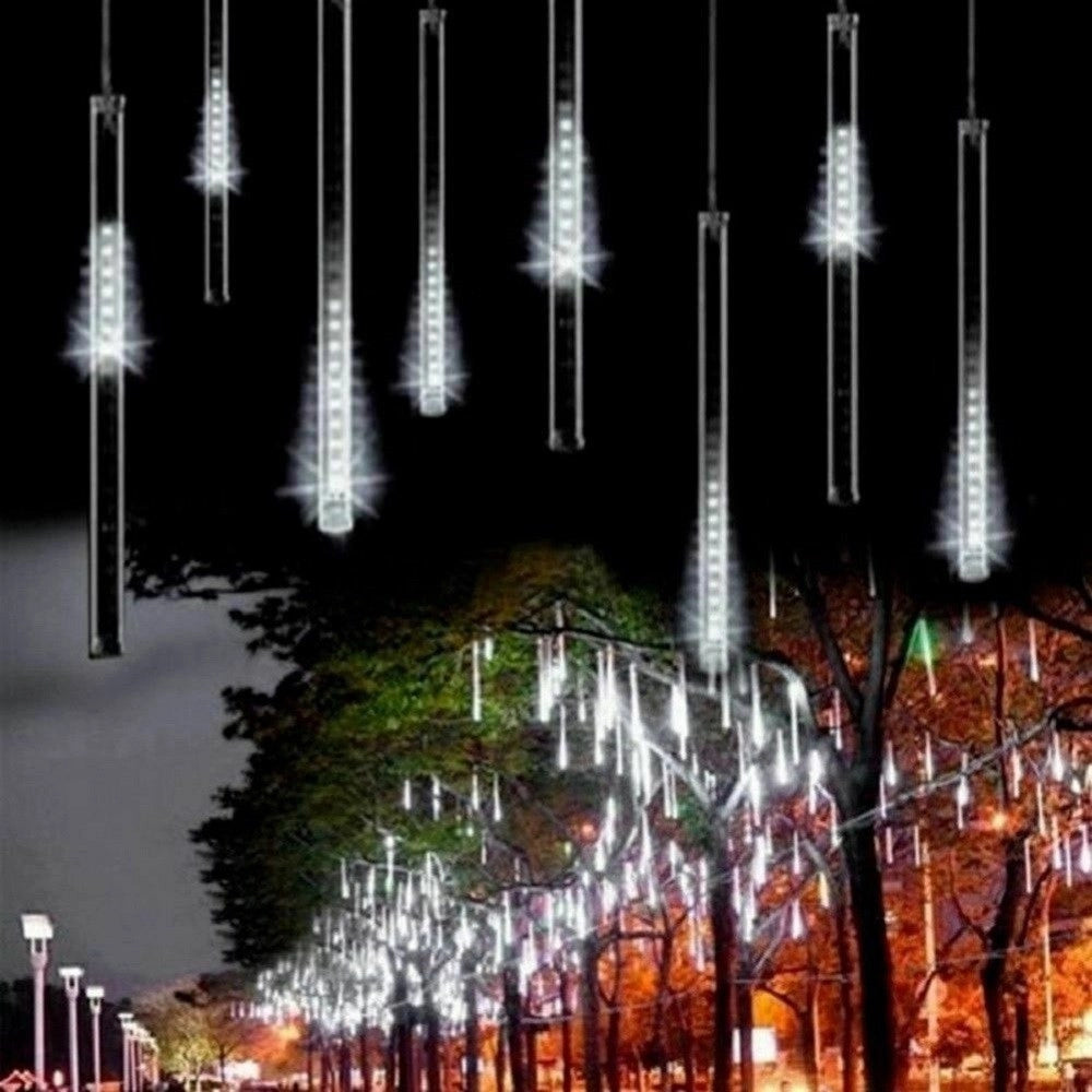 Trade Shop - Luci Di Natale Esterno Natalizi Led Effetto Pioggia Stella Cadente Bianco Freddo -